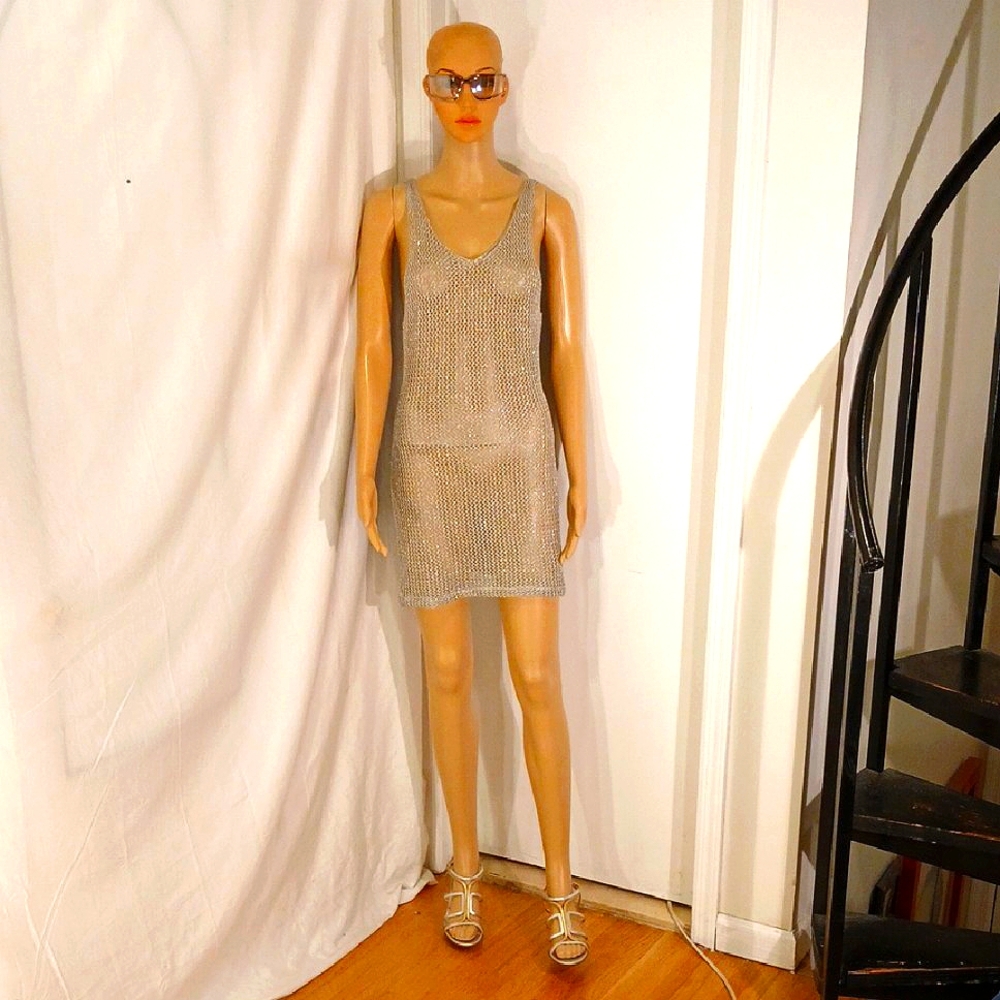 Stunning NWOT Gorgio Armani Metallic Silver Semi Sheer Fishnet Mini Dress